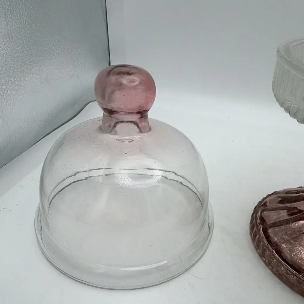 Clear & Pink Glass Pedestal Cake Stand w/ Round Dome Lid Cloche 2pc